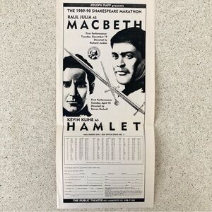 Flyer THE 1989 SHAKESPEARE MARATHON RAUL JULIA Macbeth KEVIN KLINE HAMLET Folded
